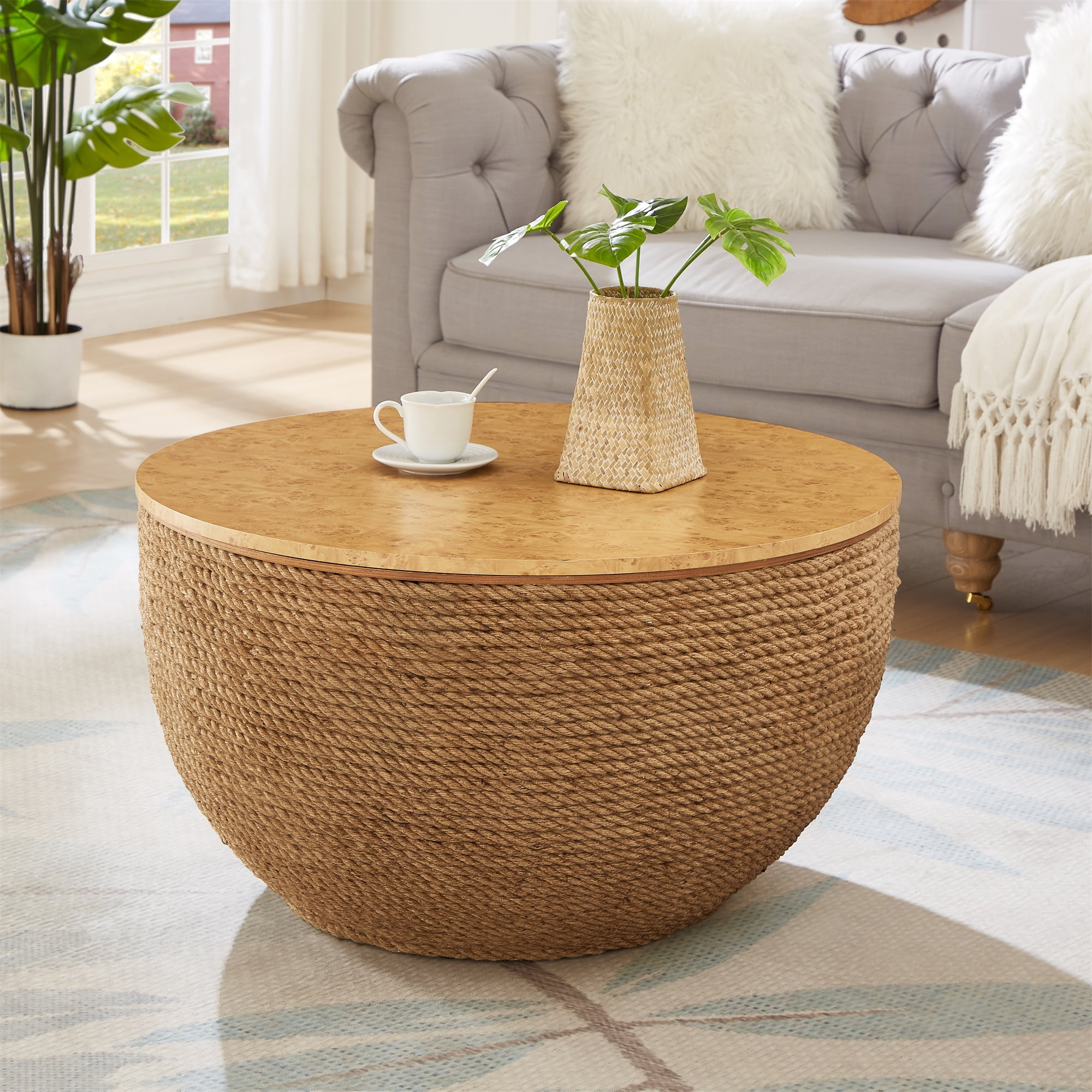 Gexpusm Round Wood Coffee Table with Storage for Living Room, Vintage