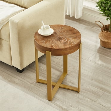 Gexpusm Round Wood End Tables with Metal Leg, Farmhouse Circle Side Table for Living Room, Rustic Mid-Century Wooden Nightstand Bedside Table, (Only End Table)