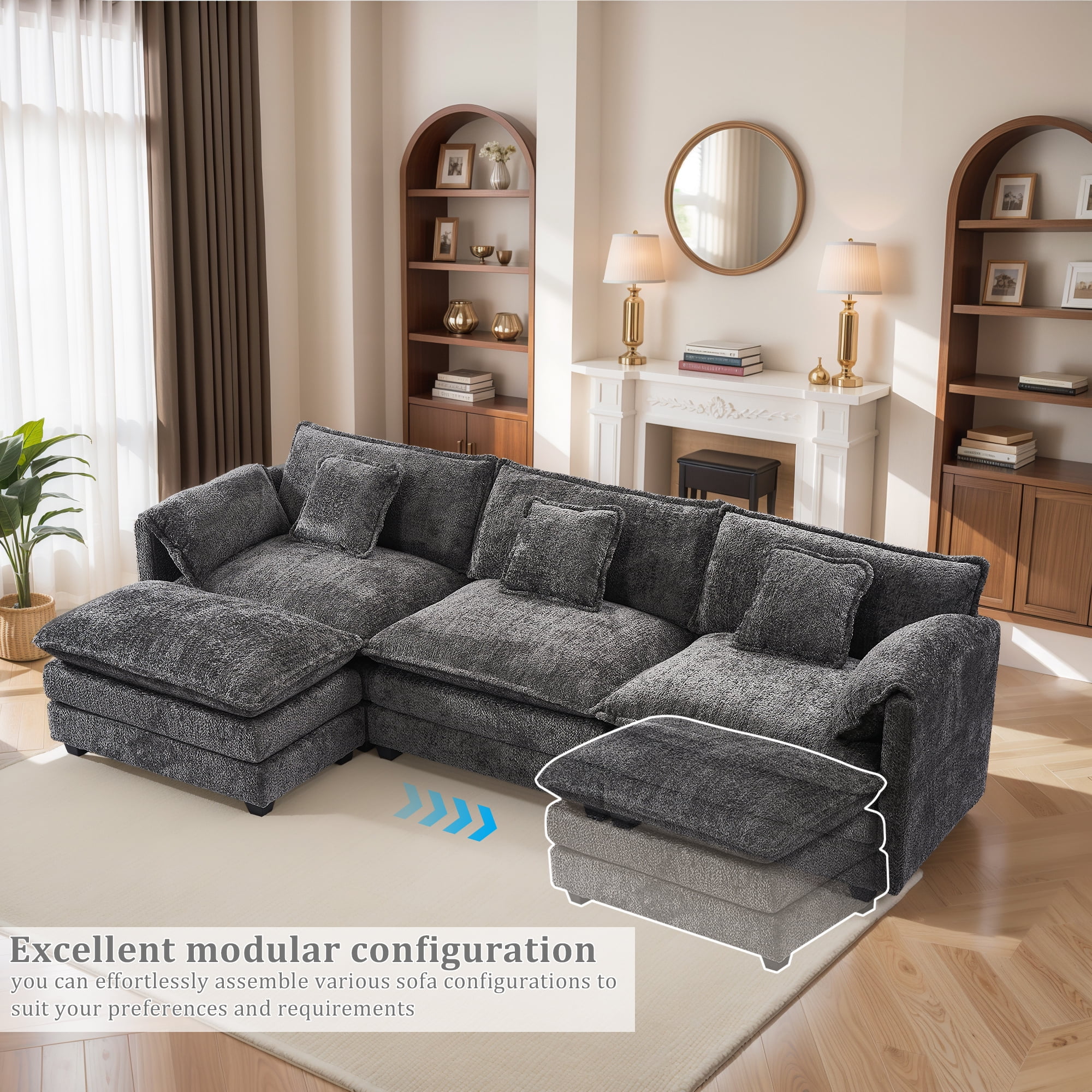 51" Oversized Corduroy Chaise Lounge Chair - No Assembly Boneless Sofa Bed, Double Layer Cushions, Gray