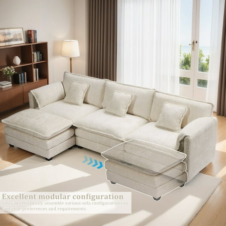 Gexpusm 111" W Sectional Sofa L Shaped Couch with Chaise for Living Room Sleeper Set, 3 Seats with Chenille and Double Layer Cushions, Beige