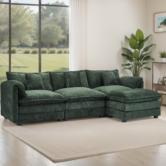 Gexpusm Sectional Sofa,L Shaped Couch with Chaise for Living Room Sleeper Set, 3 Seats with Chenille and Double Layer Cushions,Green