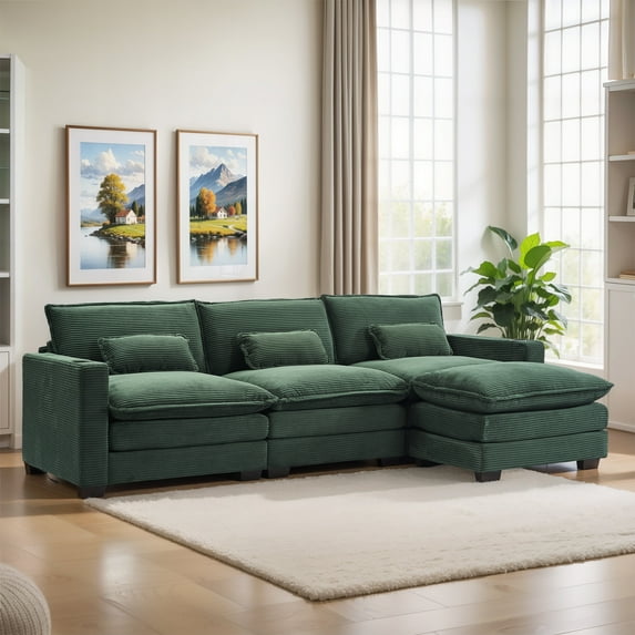 Gexpusm Sectional Sofa,L Shaped Upholstered Corduroy Sofa with Extra Thick and Deep Seat for Bedroom,Living Room,Comfy Sofa with Cup Holders & USB Ports,Green