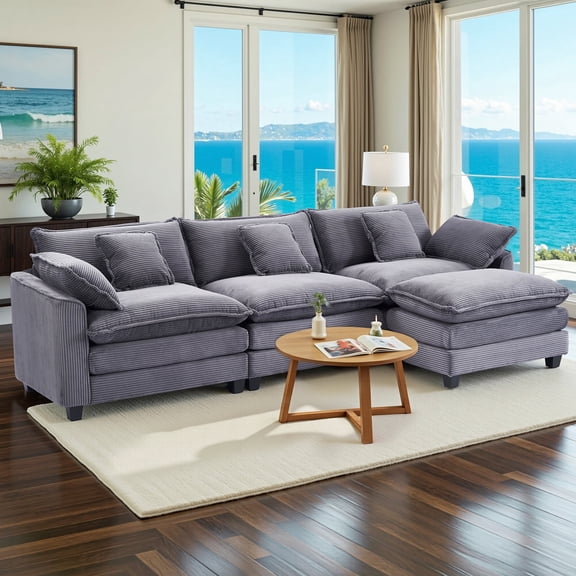 Gexpusm Sectional Sofa,Modular 111" Corduroy Couch with Double Cushion Sleeper Chaise,Modern Oversized Comfy Bouble Couch with Back Pillows for Living Room,Grey