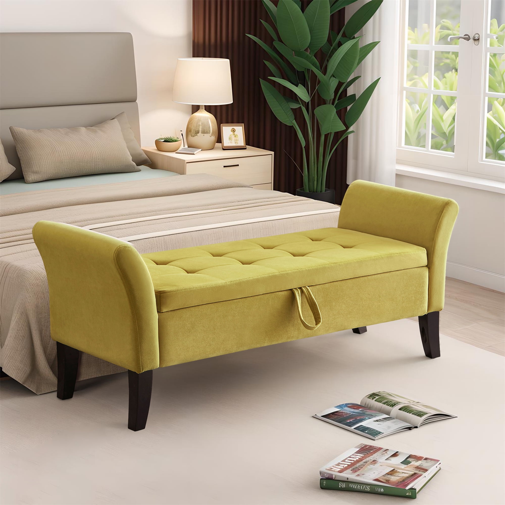 Gexpusm Upholstered Velvet Storage Bench End of Bed, Button Tufted Entryway Foot Stool with