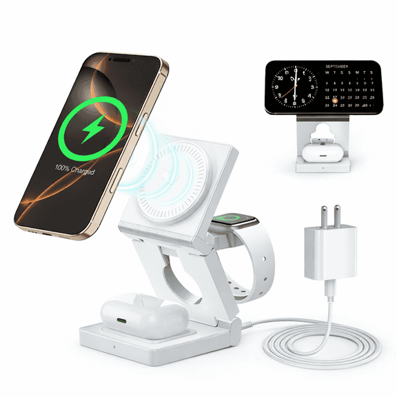 Geyo 3-in-1 Magnetic Charging Station for Multiple Devices, Travel Foldable Wireless Charger Stand, Compatible with iPhone, Watch, Earbuds, White