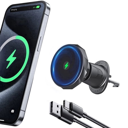 Geyo Magnetic Wireless Car Charger Mount for iPhone 17 16 15 14, 360° Rotation Fast Charging Vent Mount for Android (Metal Ring Included)