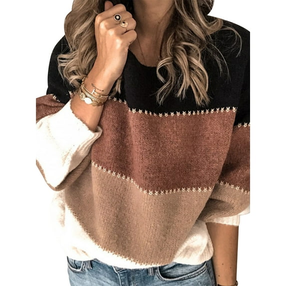 Geyoo Women's Sweaters Crewneck Color Block Patchwork Pullover Knit Tops