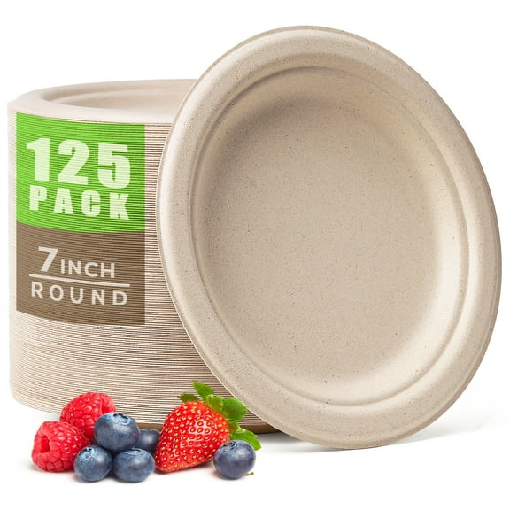 Gezond 100% Compostable Paper Plates 7 Inch Heavy Duty Plates Bulk 125-pack, Natural Disposable Bagasse Plate Unbleached, Biodegradable Paper Plate for Party Picnic