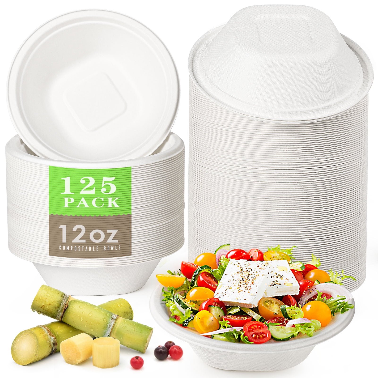 Gezond 125 Pack Compostable Bowls 12 oz Disposable Paper Bowls Eco-Friendly Sugarcane Bowls Natural Biodegradable Bowls for Hot Soup Leak Resistant, White