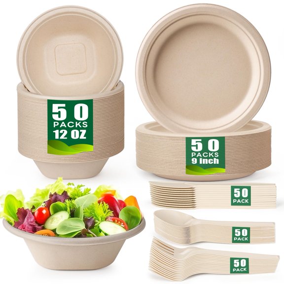 Gezond 250PCS Disposable Paper Plates and Bowls Set with Long Utensils, Compostable Plates Eco-Friendly Dinnerware Set Includes Biodegradable Plate, Bowls, Forks, Knives Spoons for Party Camping Y101