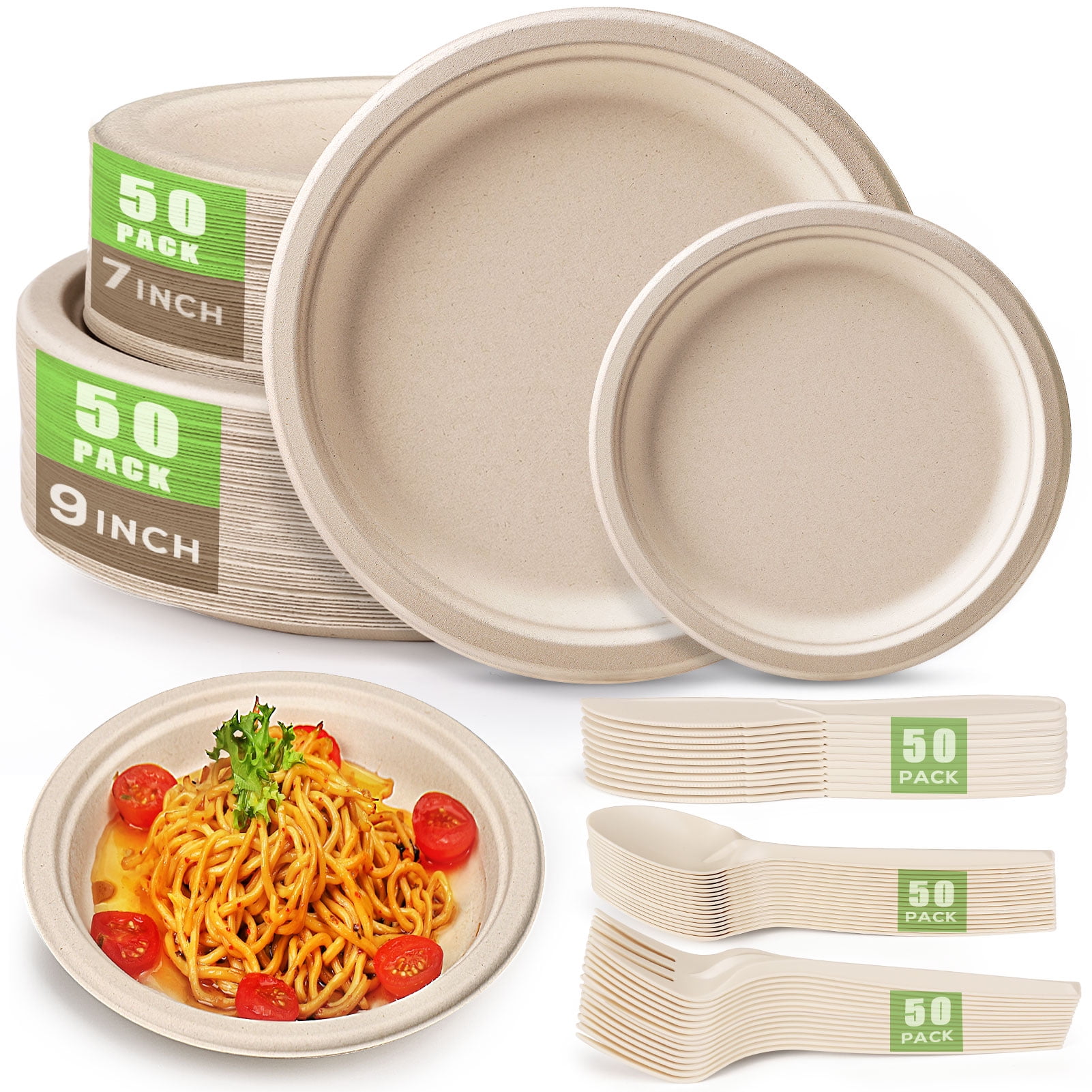 Gezond 250Pcs Disposable Paper Plates Set, Compostable Plate Sugarcane Utensils Eco Friendly Dinnerware Kit Includes 50 Biodegradable Plates, Forks, Knives and Spoons
