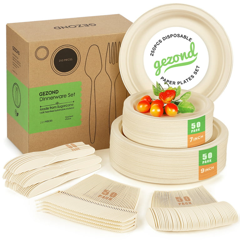 250 Pcs Disposable Dinnerware Set, Compostable Sugarcane Cutlery  Eco-Friendly
