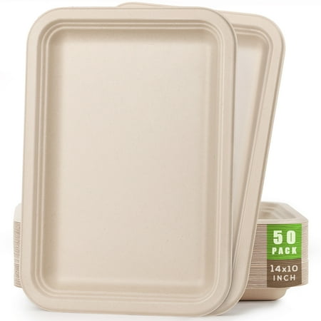 Gezond 50 Pack 14-inch Disposable Food Serving Trays Heavy-Duty Compostable Sugarcane Platters Large Paper Plates for Crawfish Serving