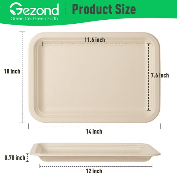 Gezond 50 Pack 14-inch Disposable Food Serving Trays Heavy-Duty Compostable Sugarcane Platters Large Paper Plates for Crawfish Serving