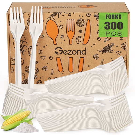 Gezond Compostable Forks 300 Count White Heavy-Duty Forks 7 Inch Disposable Cutlery Set Biodegradable Utensils for Party Supply