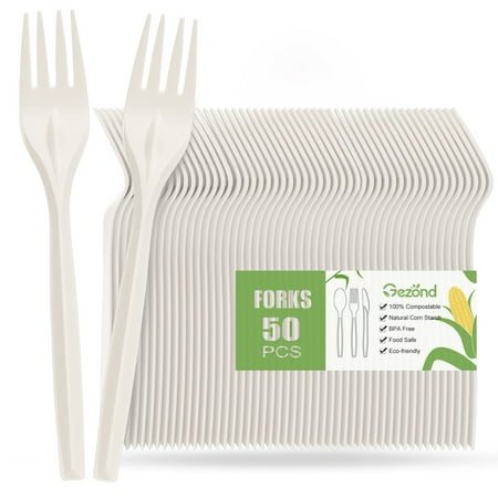 Gezond Compostable Forks 50 Count White Heavy-Duty Forks 7 Inch Disposable Cutlery Set Biodegradable Utensils for Party Supply