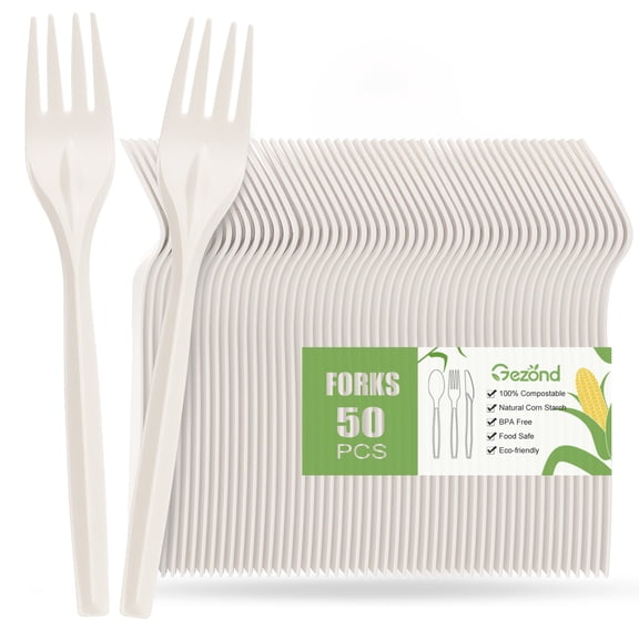 Gezond Compostable Forks 50 Count White Heavy-Duty Forks 7 Inch Disposable Cutlery Set Biodegradable Utensils for Party Supply