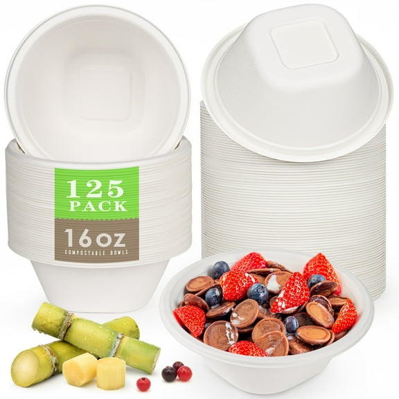 Gezond Compostable Paper Bowls 16 oz. 125-pack Disposable Bowls Heavy Duty for Hot Soup Eco-Friendly Large Sugarcane Bowls Natural Unbleached Bowls, White
