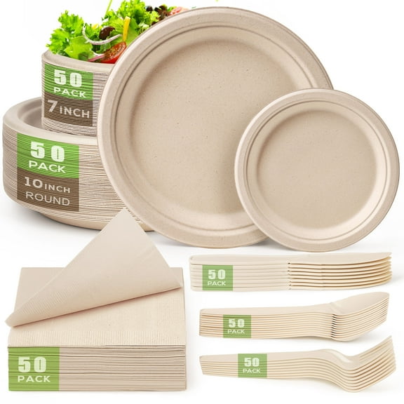 Gezond Compostable Paper Plates Set 300 Pieces, Disposable Plates 10 inch and 7 inch Eco-frinedly Heavy-duty Paper Plates Made From Sugarcane Fibers with Biodegradable Utensils and Napkins for Party