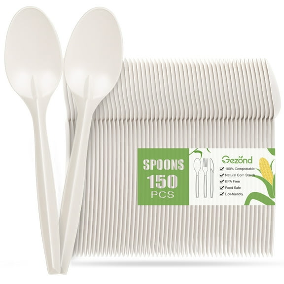 Gezond Compostable Spoons 150 Pack 6.7 Inch Disposable Spoons Biodegradable Cutlery Set Heavy-weight Spoons