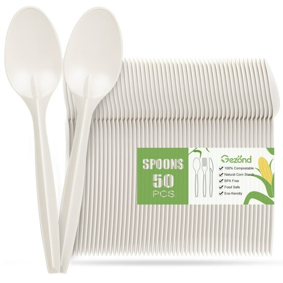 Gezond Compostable Spoons 50 Pack 7 Inch Disposable Spoons Biodegradable Cutlery Set Heavy-weight Spoons