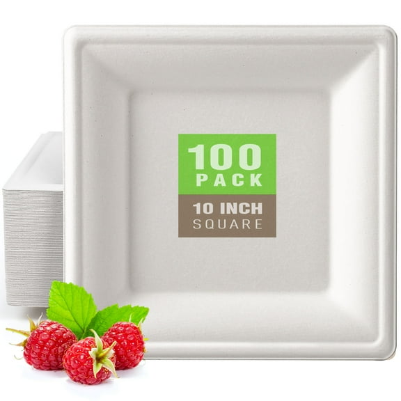 Gezond Compostable Square Plates 10 Inches, 100pcs Disposable Paper Plates, Eco-Friendly Heavy Duty Biodegradable Sugarcane Plates for Party, White