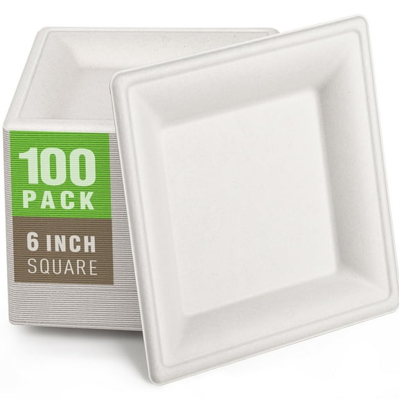 Gezond Compostable Square Plates 6 Inches, 100pcs Disposable Paper Plates Set, Eco-Friendly Heavy Duty Biodegradable Sugarcane Plates for Party, White