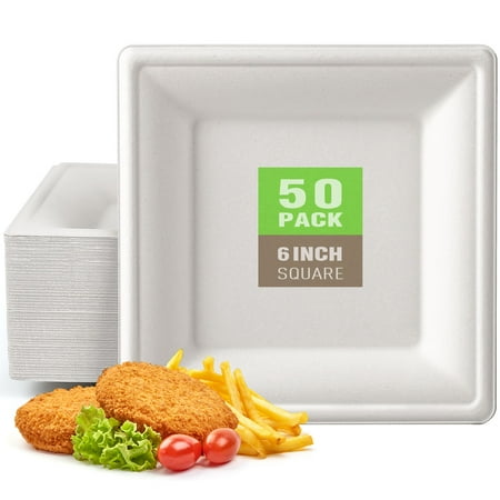 Gezond Compostable Square Plates 6 Inches, 50pcs Disposable Paper Plates, Eco-Friendly Heavy Duty Biodegradable Sugarcane Plates for Party, White