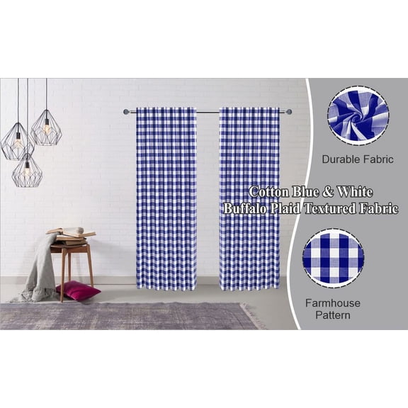 Gfi linen club Buffalo Window Curtain Panel Buffalo Check Farmhouse,Top Curtains , Bedroom, Living Room Size 50"X63" Royal Blue & White Set of 2