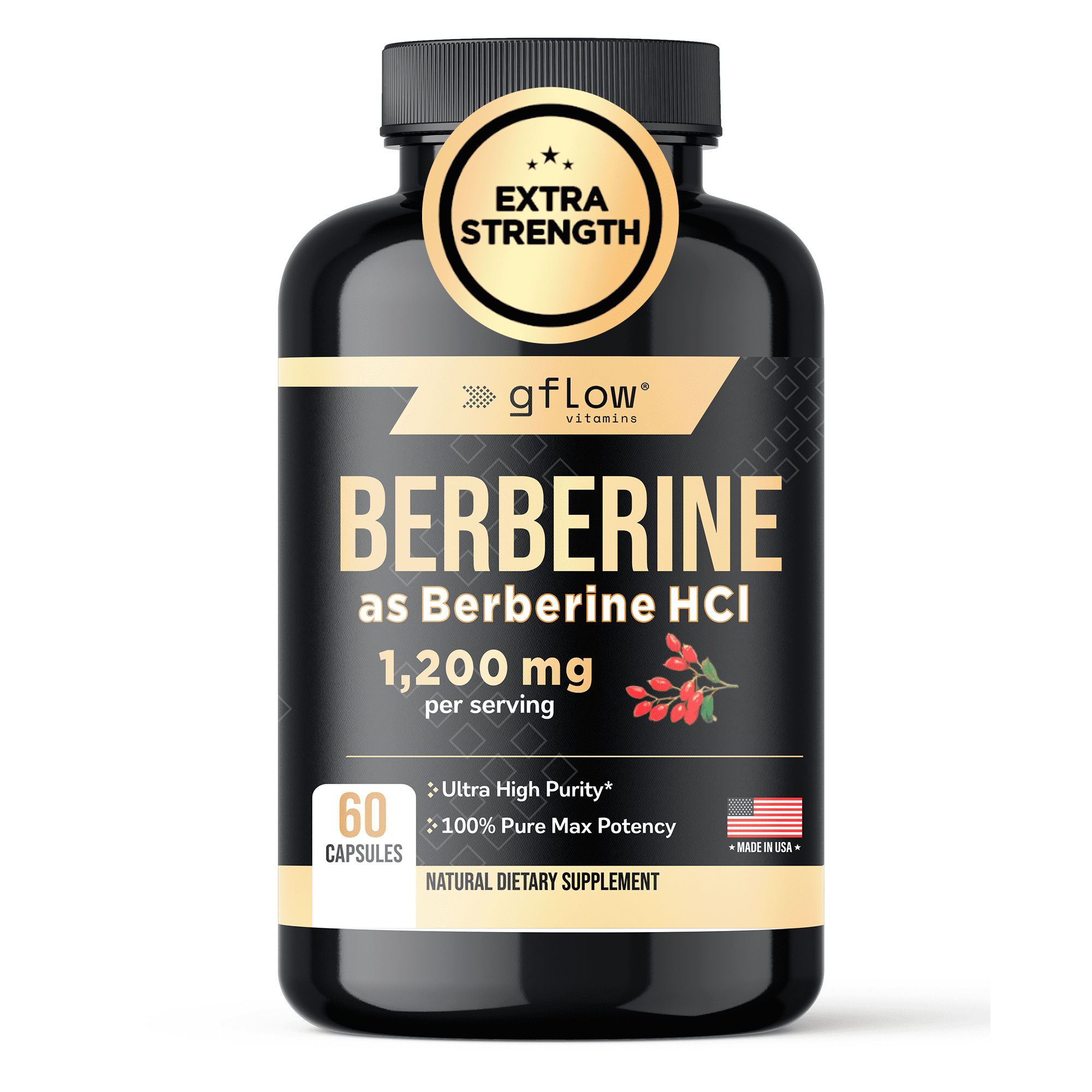 Gflow Vitamins Berberine HCl 1200 mg in vegetable capsules | Berberine Top Choices Made in the USA