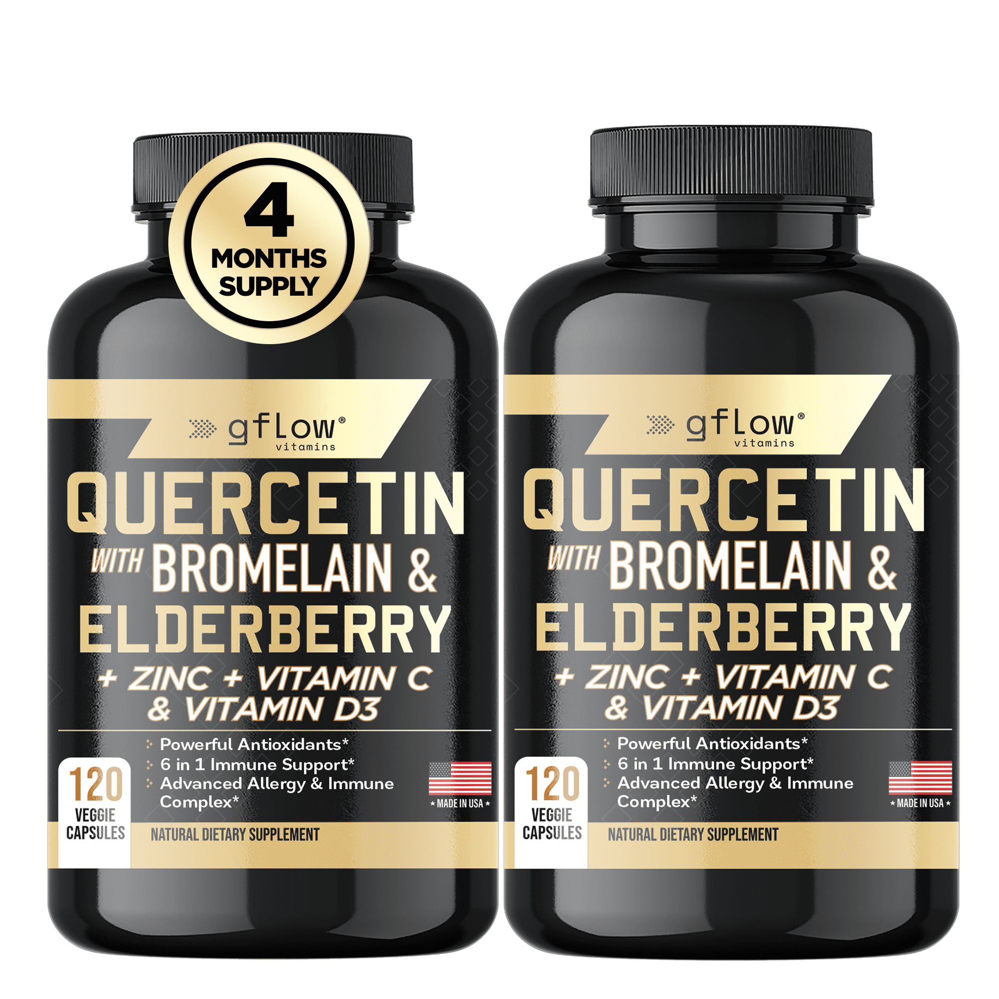 Gflow Vitamins Quercetin with Bromelain, Elderberry, Vitamin C, D and Zinc  - Elderberry with zinc and Vitamin c for Adults (Non-GMO, Vegan) - 4 months supply