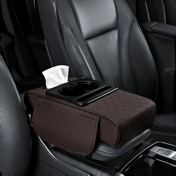 Gfplyw 5-in-1 Multifunctional PU Leather Car Armrest Box Mat, Center Console Organizer with Cup Holder, Phone & Tissue Slots, Waterproof Elastic Pad for Most Vehicles