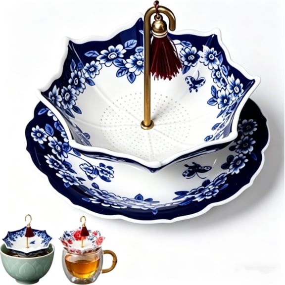 Gfplyw Ceramic Tea Umbrella Diffuser, Rotating Porcelain Strainer with Fine Micro-Pore & Drip Base, Heat-Resistant for Loose Tea & Coffee