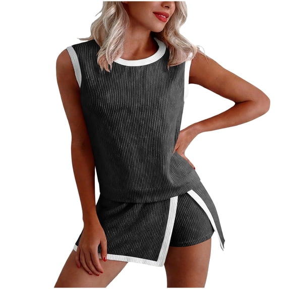 Gfyviroh 2 Piece Lounge Sets for Women Patchwork Sleeveless Stretch Workout Sets Slim Fit Short Skorts Sets