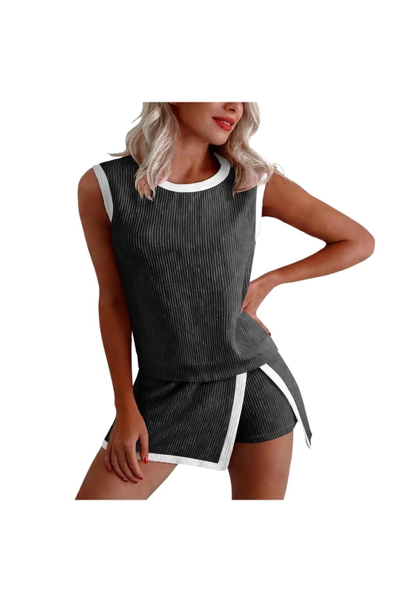 2 Piece Lounge Sets for Women Patchwork Sleeveless Stretch Workout Sets Slim Fit Short Skorts Sets
