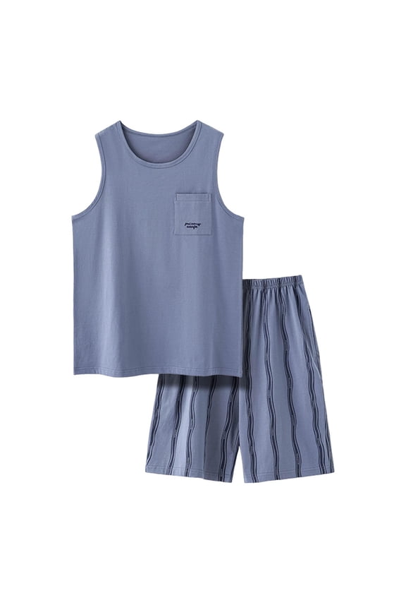 2 Piece Men's Pajamas Sets Sleeveless Crew Neck Tank Tops with Pocket and Bottom Pjs Stripes Big and Tall Adults Pajamas