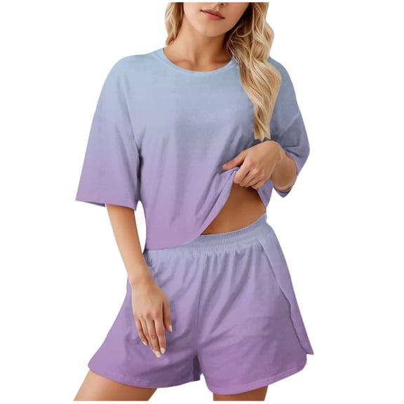 Gfyviroh 2 Piece Pajama Sets for Women Casual Print Short Sleepwear Sets Short Sleeve Crew Neck Tshirts and Elastic Waist Shorts Sets