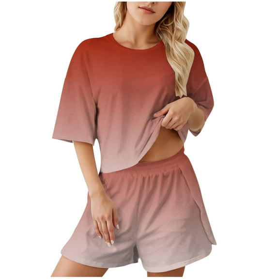 Gfyviroh 2 Piece Pajama Sets for Women Casual Print Short Sleepwear Sets Short Sleeve Crew Neck Tshirts and Elastic Waist Shorts Sets