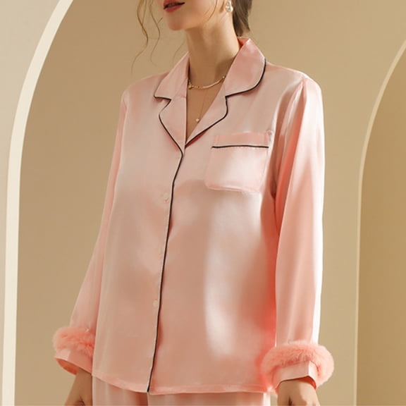 Gfyviroh 2 Piece Satin Pajama Sets for Women Cute Long Sleeve Soft Pajamas Button Down Shirts and Pants Sleepwear Sets