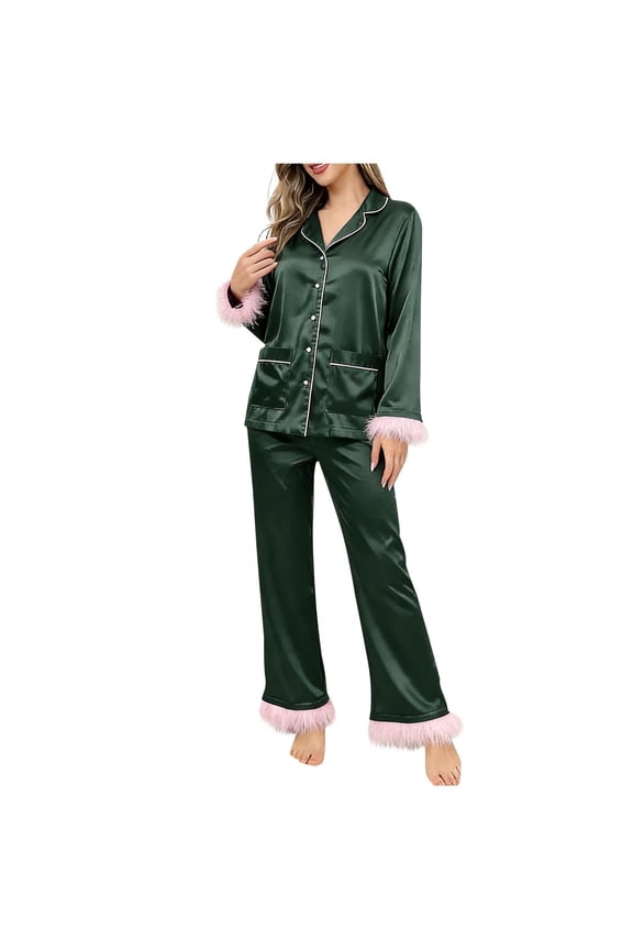 2 Piece Women Pajama Sets Feather Trim Long Sleeve Button-Down Tops and Pants Set Soft Satin Comfortable Sleep Set