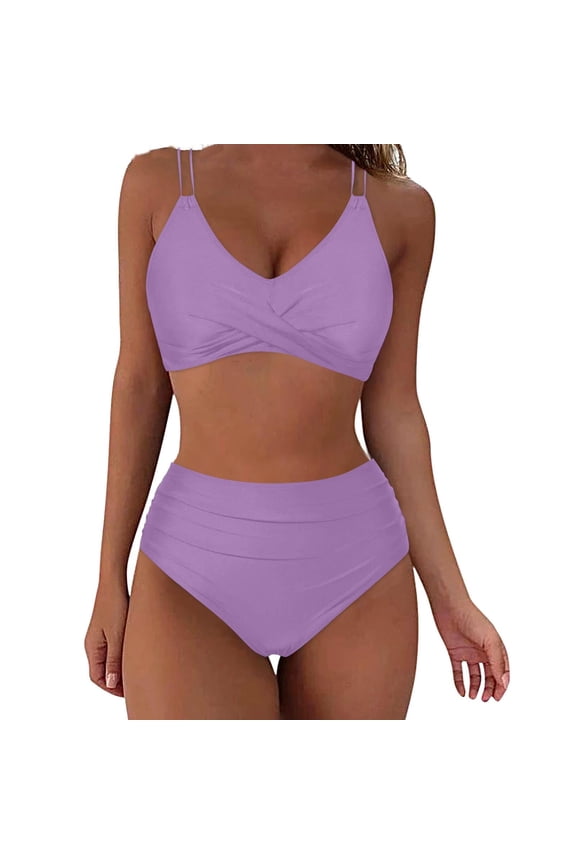 2 Piece Women's Bikini Sets Tie Back Push Up Padded Swimwear Summer Cross Back Ruched High Waisted Swimsuits