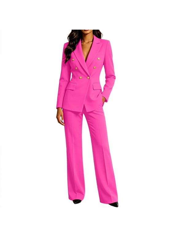 2 Piece Women's Elegant Suit Sets Long Sleeve Blazer Jacket and Long Pants Business Casual Set Button Front Tailored Formal Outfit
