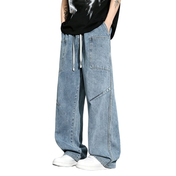 Gfyviroh Big and Tall Jeans for Men Solid Baggy Casual Drawstring Denim Pants Streetwear Wide Leg Trousers