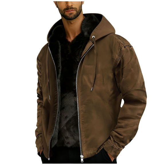 Gfyviroh Big and Tall Men's Sherpa Coats Long Sleeve Drawstring Hooded Jackets Winter Zip Open Front Fleece Lined Jackets