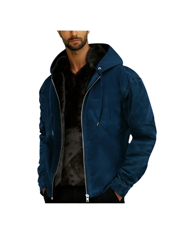 Big and Tall Men's Sherpa Coats Long Sleeve Drawstring Hooded Jackets Winter Zip Open Front Fleece Lined Jackets