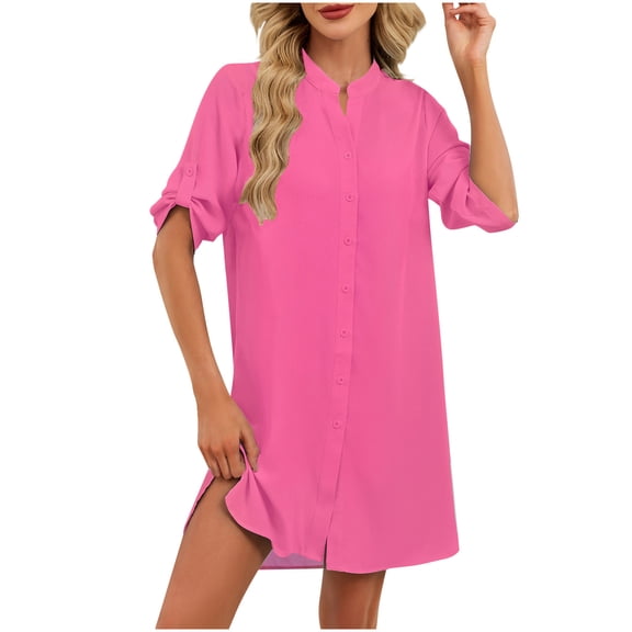Gfyviroh Button Down Dress for Women Lightweight Summer 3/4 Sleeve Shirt Dresses Solid Loose Fit Casual Dresses