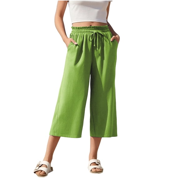 Gfyviroh Casual Capri Pants for Women Summer Drawstring Trendy Wide Leg Capris with Pockets Loose Cotton Linen Cropped Pants