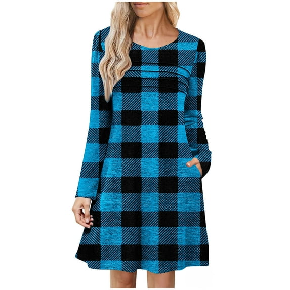 Gfyviroh Casual Dresses for Women Plaid Lightweight Long Sleeve Dresses Crew Neck Fall A-Line Dresses