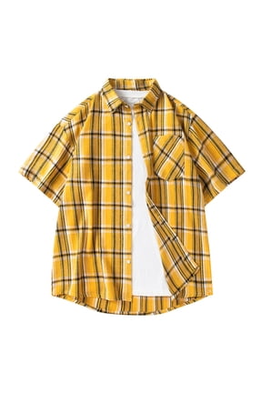 Casual Plaid Mens Shirts Trendy Turn-down Collar Linen Shirts Short Sleeve Button Open Front Tops with Pocket