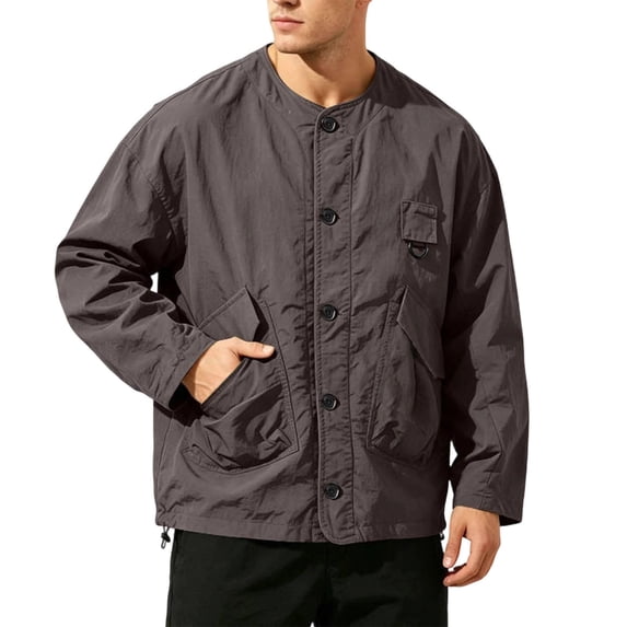 Gfyviroh Chore Coat for Men Oversized Lightweight Utility Jacket Button Front Collarless Outdoor Jackets with Pockets